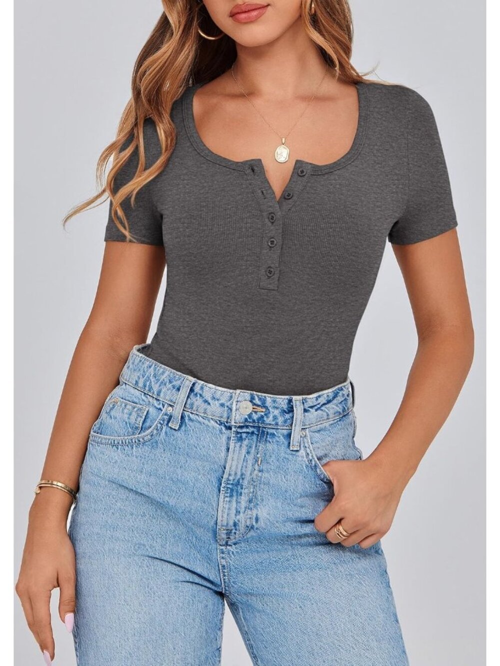 Women's Charcoal Short Sleeve Ribbed Henley Button Slim Fit Casual T Shirts - Picture 3 of 6